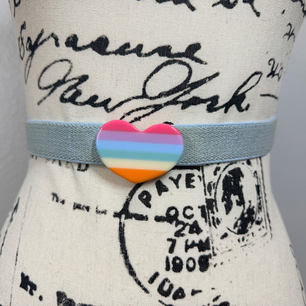 Elastic Cinch Belt Vintage 90s 80s Blue Rainbow Heart Retro Kitsch Girlcore
